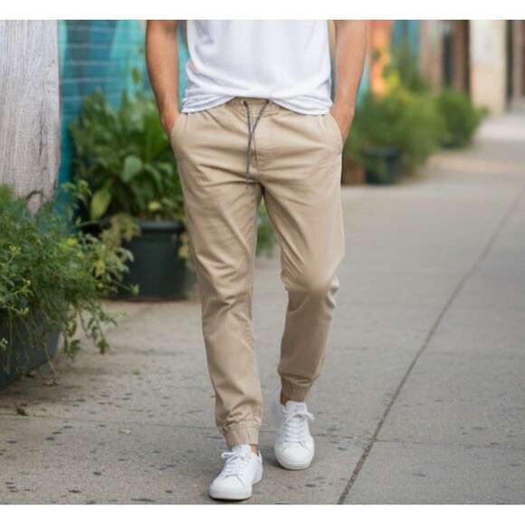 American Eagle Size M Jogger Pants Khaki Beige Drawstring Elastic Waist Pockets - Picture 1 of 10